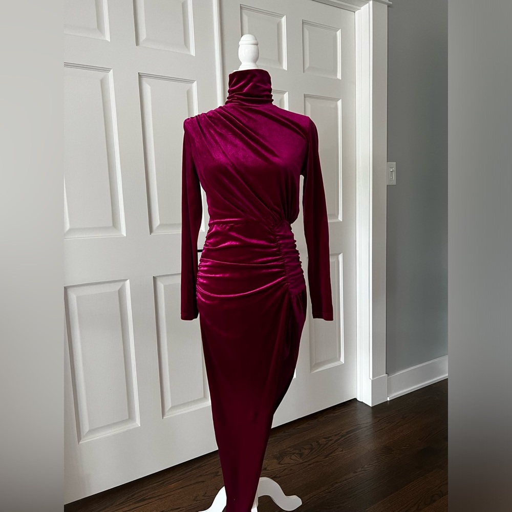 Ruched Asymmetrical Velvet Midi Dress